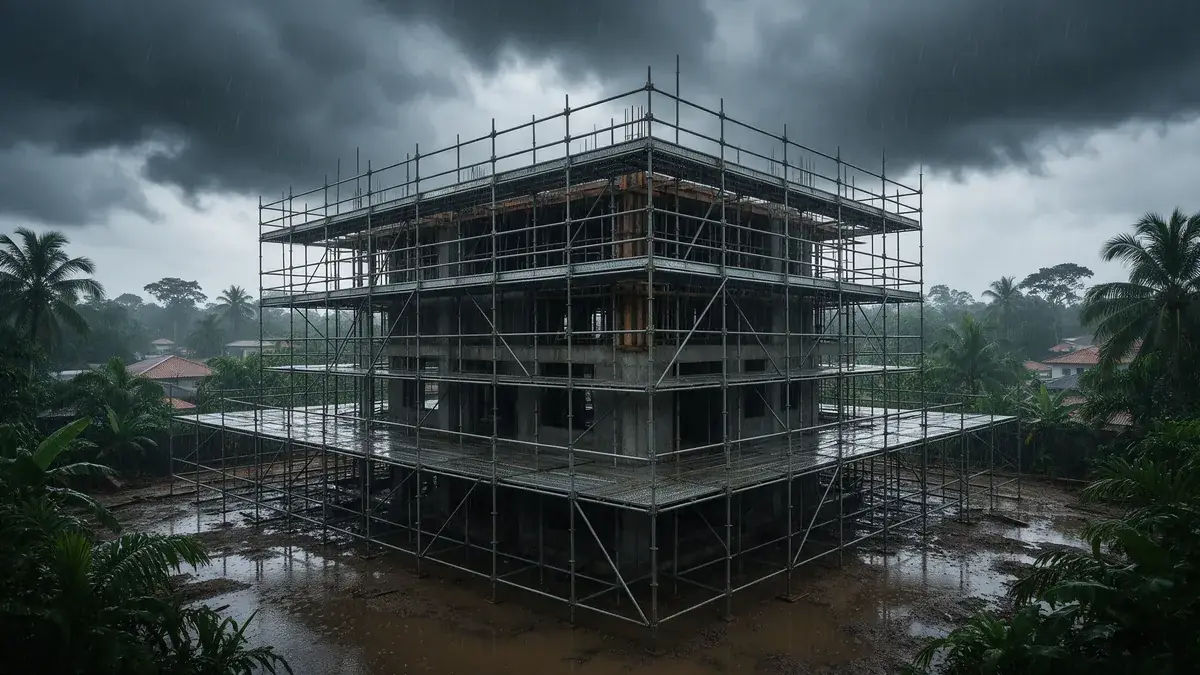 Andaime montado em obra sob chuva forte, com piso molhado e solo encharcado na base, cena de andaime na chuva