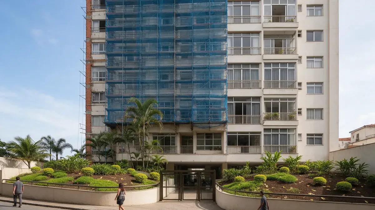 Andaime para fachada de condomínio montado em prédio residencial, com tela de proteção e passagem coberta para pedestres na calçada