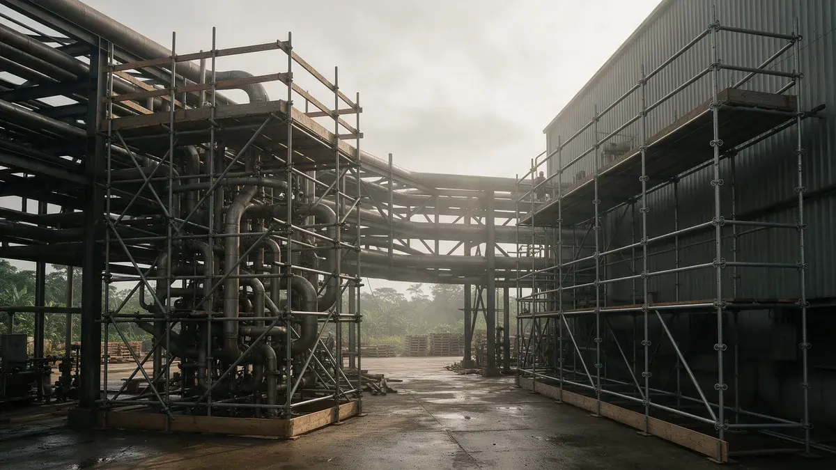 Andaime montado em volta de tubulações e estrutura industrial, cenário da escolha entre andaime tubular ou multidirecional