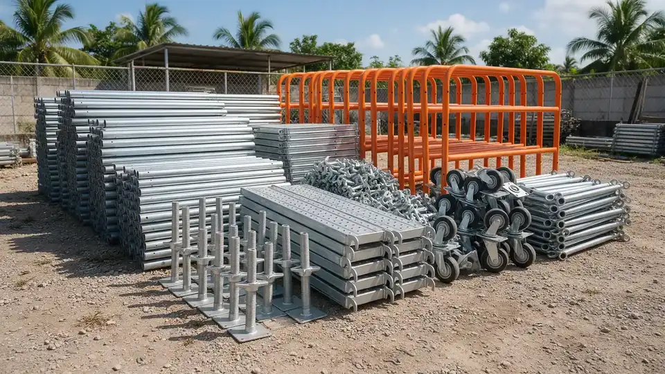Peças de andaime separadas por tipo no canteiro: sapatas reguláveis, montantes, braçadeiras, pisos metálicos e guarda-corpos prontos para conferência