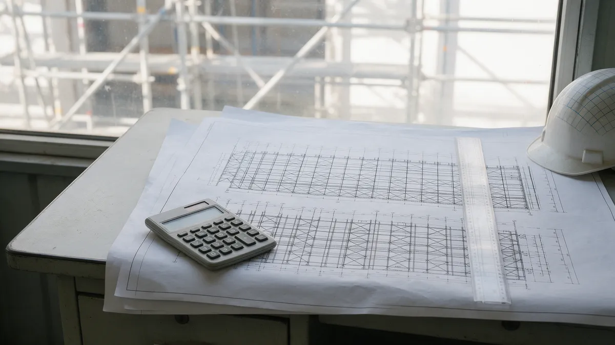 Desenhos técnicos de andaime, calculadora e capacete sobre mesa de escritório de obra: projeto de montagem de andaime