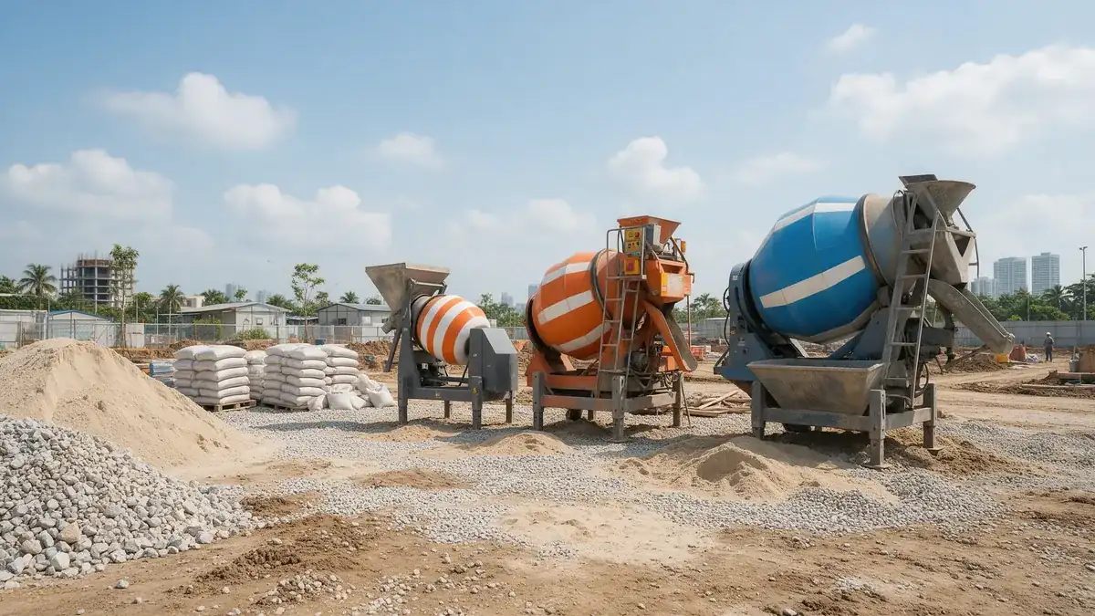 Três betoneiras de tamanhos diferentes lado a lado em canteiro de obra com areia, brita e cimento: tamanho de betoneira