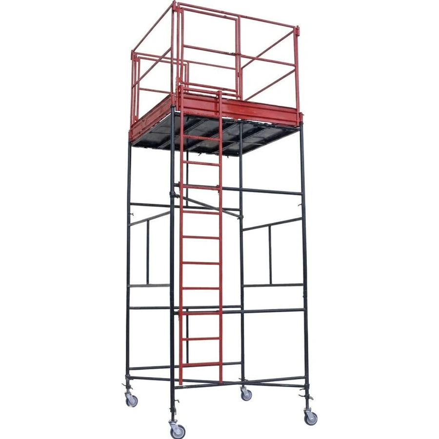 Torre de andaime tubular sobre rodízios, com plataforma, guarda-corpo vermelho e escada